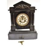 A VICTORIAN SLATE MANTEL CLOCK with visible escapement, the French 8-day movement stamped Japy