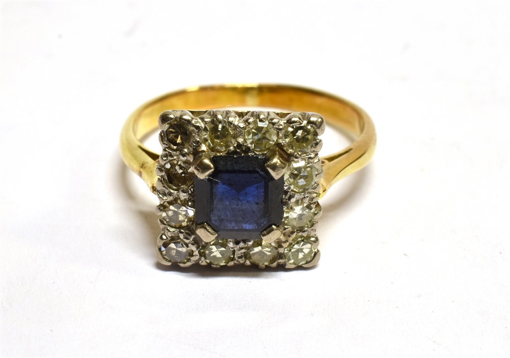 A SAPPHIRE AND DIAMOND SQUARE CLUSTER 18 CT GOLD RING the central square cut dark blue sapphire - Image 3 of 3