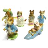 SIX BESWICK BEATRIX POTTER FIGURES: 'Tom Kitten', 'Benjamin Bunny', 'The Old Woman Who Lived in a