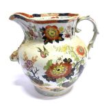A VERY LARGE EARLY VICTORIAN IRONSTONE JUG with transfer printed and enamelled floral decoration,