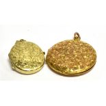 TWO 9 CARAT GOLD LOCKET PENDANTS comprising a round example with leaf patterning, monogrammed