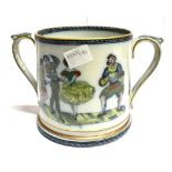 A VICTORIAN STAFFORDSHIRE TWO-HANDLED FROG MUG transfer printed with characters from the Commedia