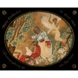 AN EARLY 19TH CENTURY SILK AND WOOLWORK PICTURE the verre eglomise surround titled 'Abraham offering