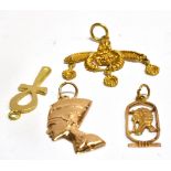 FOUR GOLD EGYPTIAN DESIGN PENDANTS comprising one 14 carat of triple drop design, weighing approx.