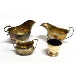 TWO SILVER SAUCE BOATS each of traditional form with scroll handles, together with two silver salts,