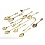 TWO PAIRS OF SILVER SUGAR TONGS together with eight assorted silver teaspoons and silver spoon etc.,