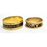 AN 18 CARAT GOLD MOURNING RING The central recessed band black enamel and gold lettering 'IN