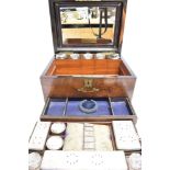 A VICTORIAN BURR WALNUT VENEERED DRESSING BOX with jewellery drawer to base, the fitted box