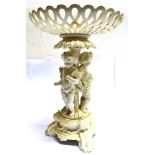 A LARGE FIGURAL COMPORTE the pierced basket 29cm diameter, supported by three cherubs, 40cm high