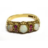 AN OPAL THREE STONE AND RUBY SET 9 CARAT GOLD DRESS RING ring size O, gross weight 3.0 grams