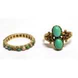 TWO TURQUOISE SET GOLD RINGS comprising a two stone diagonal set with small rubies, hallmarked 9