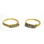 TWO 18 CARAT GOLD DIAMOND FIVE STONE SET RINGS each with five small graduating round cut diamonds to