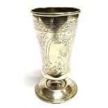 AN 800 STANDARD SILVER BEAKER tapered cylindrical form on pedestal base, scroll and floral cartouche