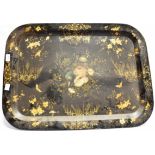 A VICTORIAN TOLEWARE TRAY with painted floral and gilt decoration, 57cm x 77cm