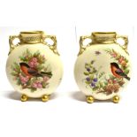 A PAIR OF ROYAL WORCESTER MOON SHAPED VASES polchrome painted with blue tit robin and bullfinches,