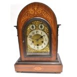 A EDWARDIAN WESTMINSTER CHIME MANTLE CLOCK the mahogany case with marquetry decoration, the dial