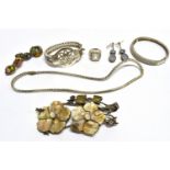 SEVEN ITEMS OF SILVER JEWELLERY comprising two bangles, a full white stone set collarette