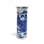 A CHINESE PORCELAIN SLEEVE VASE WITH FLARED RIM underglaze blue painted decoration of figures in a