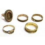FIVE LATE GEORGIAN/VICTORIAN RINGS comprising a mourning ring with raised applied borders, central