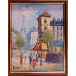 * BURNETT (20TH CENTURY) Paris street scene, with the Eiffel Tower beyond, oil on board, signed