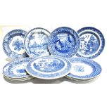 TWELVE SPODE PLATES with various underglaze blue transfer printed patterns, including a bread plate,