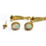 TWO PAIRS OF 9 CARAT GOLD EARRINGS comprising a pair of single stone opal studs and a pair of tassel