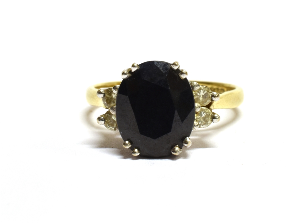 A SAPPHIRE SINGLE STONE 18 CARAT GOLD RING WITH DIAMOND SET SHOULDERS the oval blue sapphire approx. - Image 2 of 2