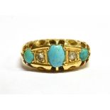 AN 18 CARAT GOLD TURQUOISE THREE STONE BOAT HEAD RING with small diamond set between each,