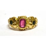 A LATE GEORGIAN/EARLY VICTORIAN RUBY AND EMERALD THREE STONE SET RING the central rectangular