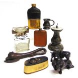 ASSORTED COLLECTABLES comprising a horn snuff box, 8.5cm long; two hip flasks, the largest 12.5cm