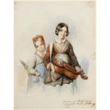 PRINCE A. WOLKOUSKY (MID 19TH CENTURY) Two girls with a hurdy gurdy, watercolour, signed in pencil