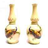 A PAIR OF LOCKE & CO WORCESTER VASES with painted decoration of peacocks on a blush ivory ground,