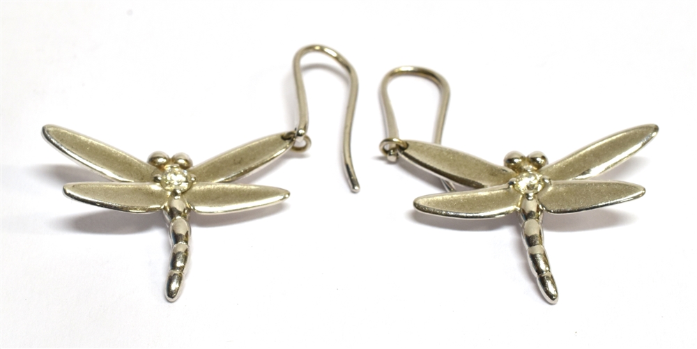 A PAIR OF TIFFANY & CO 18 CARAT WHITE GOLD DRAGONFLY DROP EARRINGS each set with a small diamond - Image 2 of 2