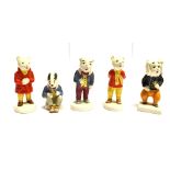 FIVE BESWICK RUPERT BEAR FIGURES: 'Rupert Bear', 'Rupert Snowballing', 'Pong Ping', 'Bill