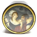 A 19TH CENTURY CONTINENTAL TORTOISESHELL SNUFF BOX of circular form, the pull-off cover inset with a
