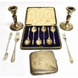 A QUANTITY OF SMALL SILVER ITEMS comprising a boxed set of six apostle spoons, a cigarette case, two