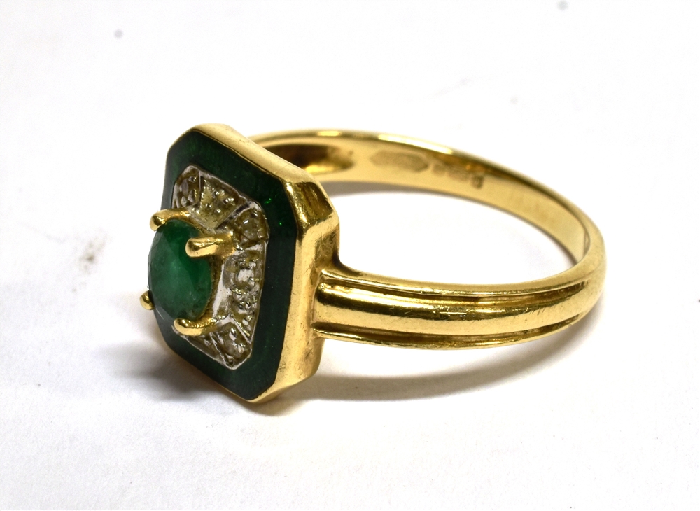 A 14 CARAT GOLD EMERALD AND SMALL DIAMOND SET RECTANGULAR CLUSTER RING the cut corner head - Image 3 of 3