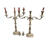 A PAIR OF LARGE SHEFFIELD PLATE THREE LIGHT CANDELABRA 52cm high, scroll arms, waved pedestal