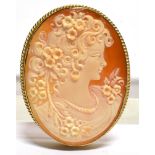 A HALLMARKED 9CT GOLD MODERN SHELL CAMEO BROOCH the oval cameo of a young lady, 5cm x 4cm, rope