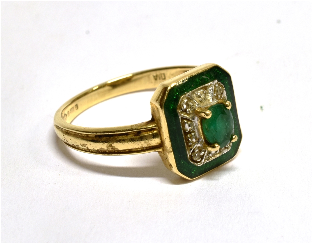 A 14 CARAT GOLD EMERALD AND SMALL DIAMOND SET RECTANGULAR CLUSTER RING the cut corner head - Image 2 of 3