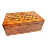 A VICTORIAN BURR WALNUT AND PARQUETRY WRITING SLOPE the top decorated with tumbling block design,