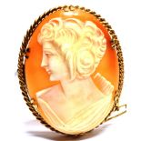 A 9 CARAT GOLD OVAL SHELL CAMEO BROOCH the oval cameo with carved portrait of a young lady, yellow