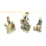 THREE LLADRO GROUPS: a young girl seated on a tree stump with calf; a travelling merchant with