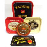 BREWERIANA - FIVE TAUNTON CIDER METAL TRAYS various sizes, the largest approximately 35cm x 35cm.