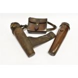 TWO LEATHER SADDLE FLASK CASES length 25cm; and a leather sandwich tin case for saddle mounting,