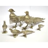 A PAIR OF PLATED FIGURES OF PHEASANTS 26cms long, together with four smaller pheasant figures, 11cms