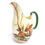 A 'CRESCENT IVORY' JUG with mounted huntsman and hound decoration on a cream ground with green