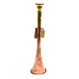 AN UNUSUAL COPPER AND BRASS OVAL HUNTING HORN 26cm long