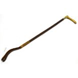 A RIDING CROP with antler grip, plated collar and plaited leather shaft