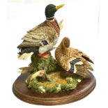 'COUNTRY ARTISTS' GROUP A PAIR OF MALLARD DUCKS by a pond, on oval wooden plinth, 30cm high, 32cm